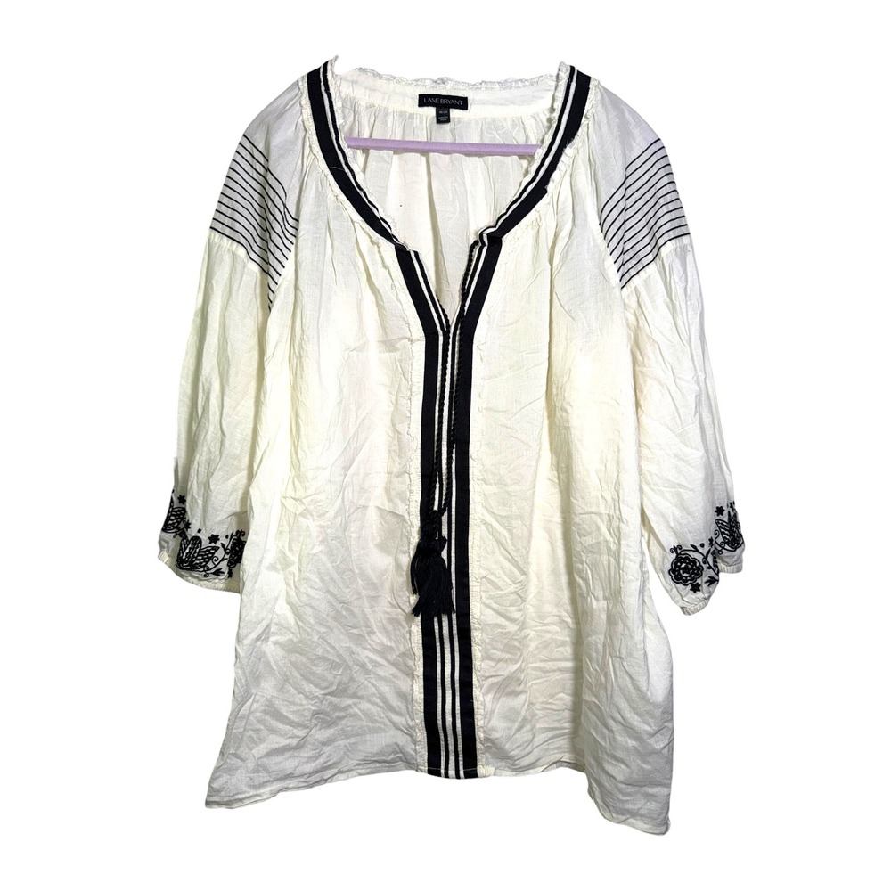 Lane Bryant 18/20 White Black Embroidered Cotton Boho Peasant Tunic Top Plus
